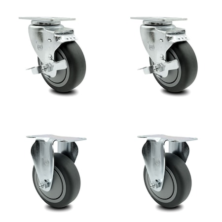 4 Inch Thermoplastic Rubber Swivel Top Plate Caster Set With 2 Brake 2 Rigid SCC